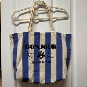Sézane Blue and Cream Striped “Bonjour” Tote Bag